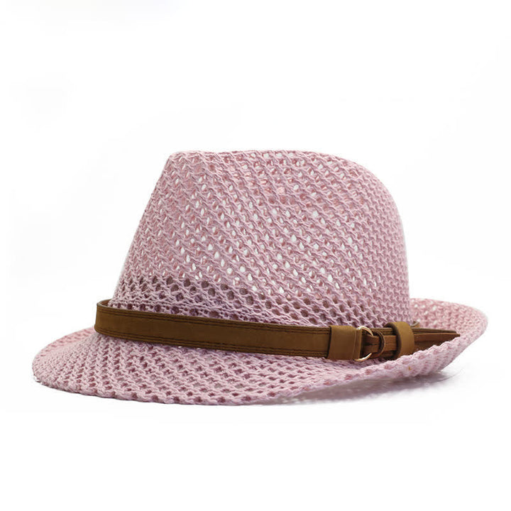 Men's Hand-Woven Casual Band Hollow Out Straw Fedora Hat - Pink - M (22"-22 7/8") - image 3