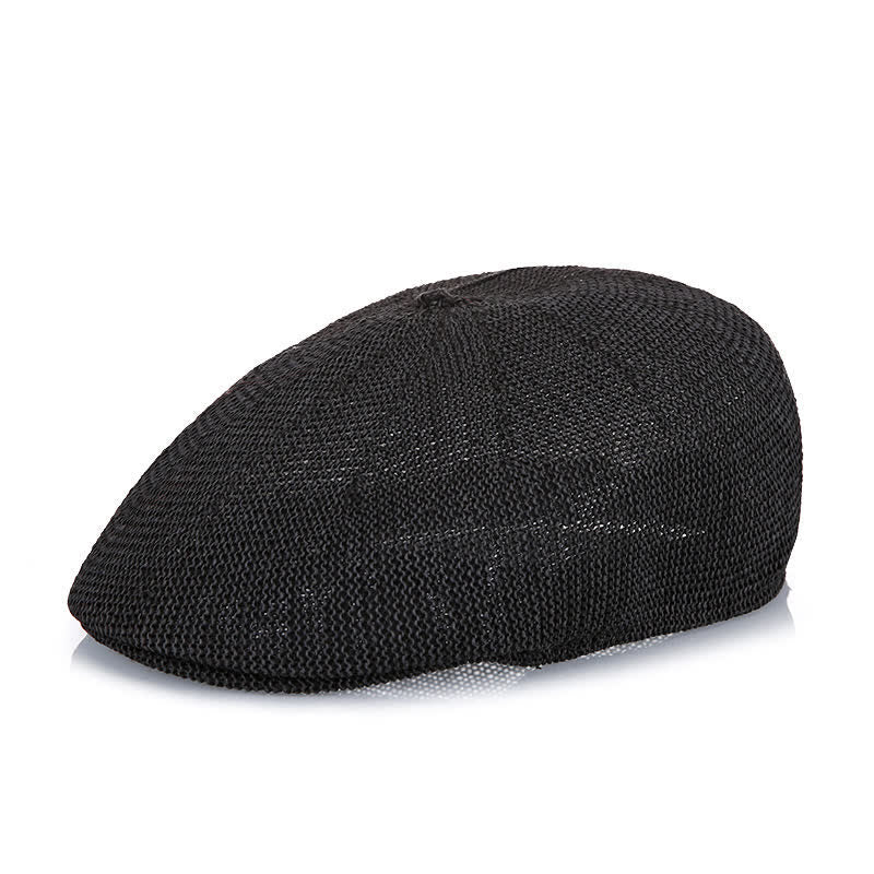 Men's Solid Color Breathable Mesh Summer Straw Beret Hat - Black - M (22"-22 7/8") - image 3