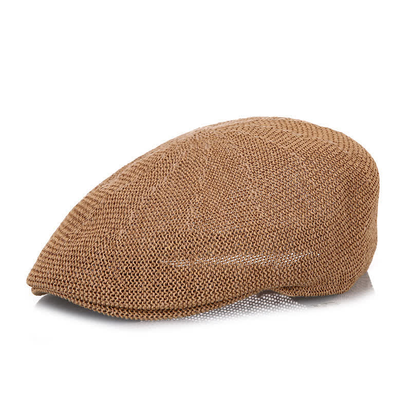 Men's Solid Color Breathable Mesh Summer Straw Beret Hat - Khaki - M (22"-22 7/8") - image 0