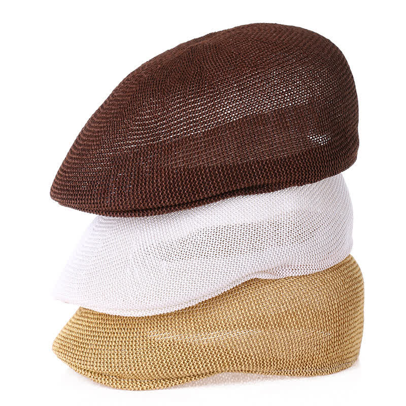 Men's Solid Color Breathable Mesh Summer Straw Beret Hat - image 2