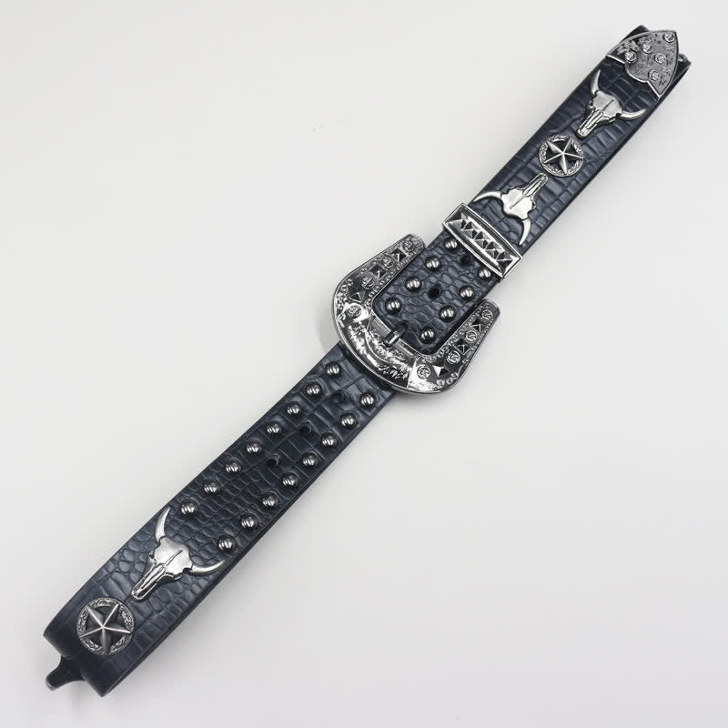 Silver Bull Head Rivet Black Crocodile Print Leather Belt - image 5