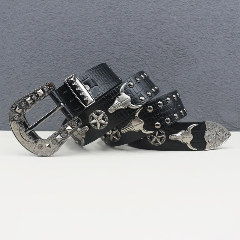 Silver Bull Head Rivet Black Crocodile Print Leather Belt - image 1