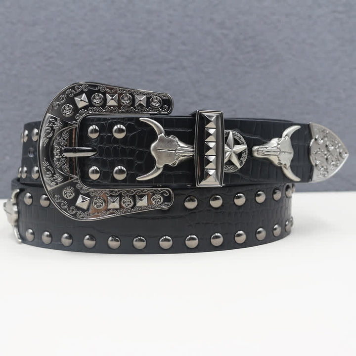 Silver Bull Head Rivet Black Crocodile Print Leather Belt - image 3