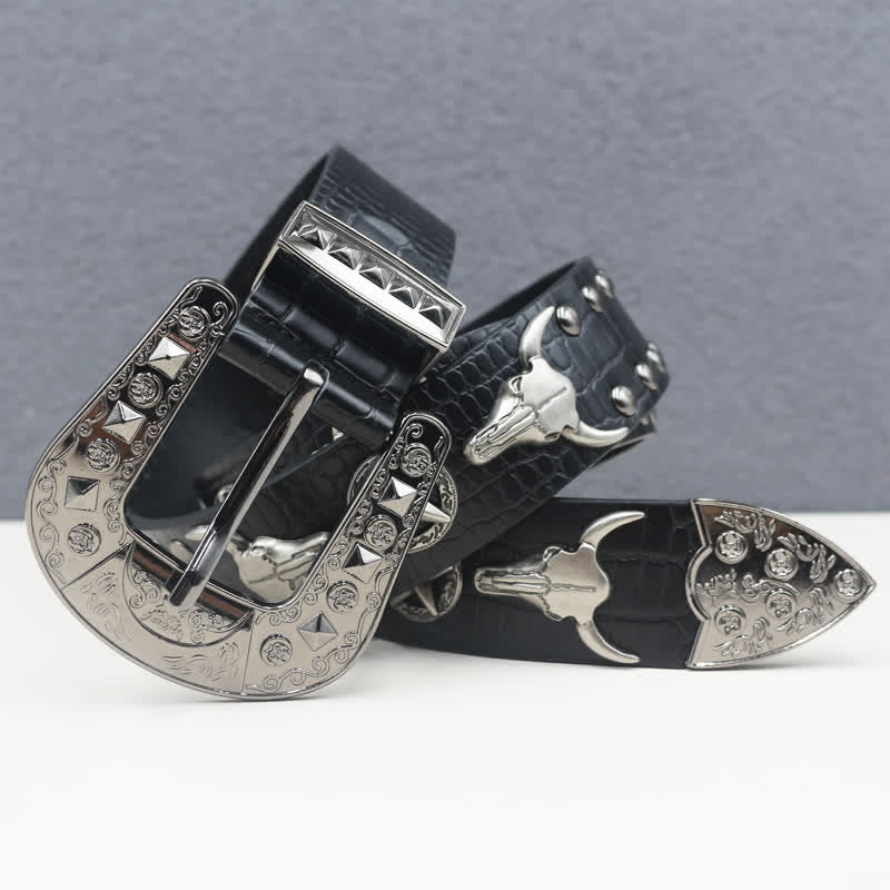 Silver Bull Head Rivet Black Crocodile Print Leather Belt - image 2