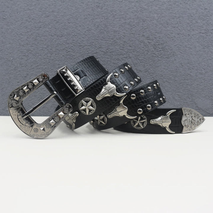 Silver Bull Head Rivet Black Crocodile Print Leather Belt