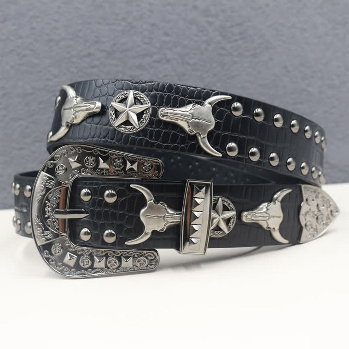 Silver Bull Head Rivet Black Crocodile Print Leather Belt - Black - 44 - image 0