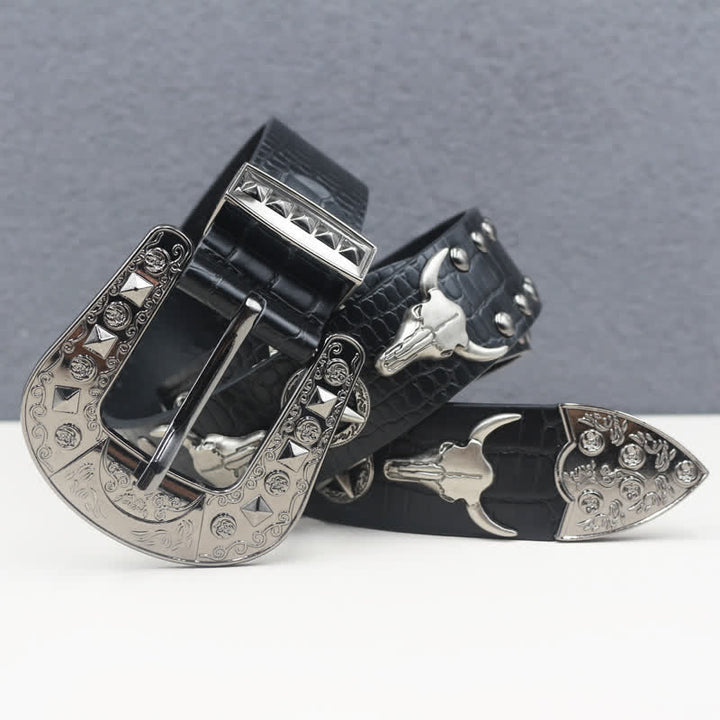 Silver Bull Head Rivet Black Crocodile Print Leather Belt
