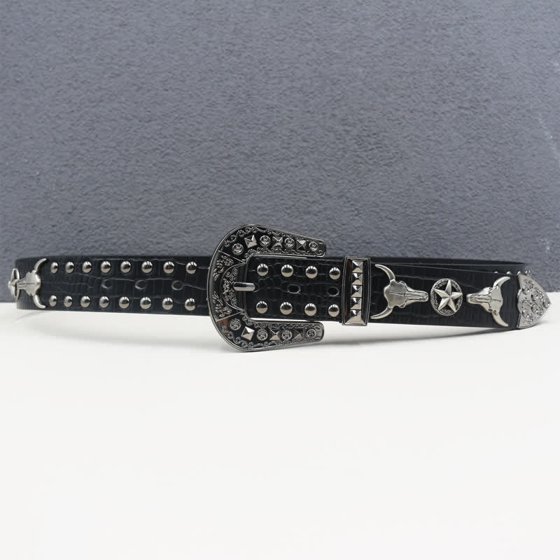 Silver Bull Head Rivet Black Crocodile Print Leather Belt - image 4
