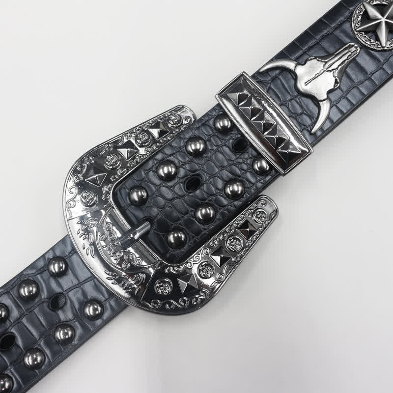 Silver Bull Head Rivet Black Crocodile Print Leather Belt - image 6