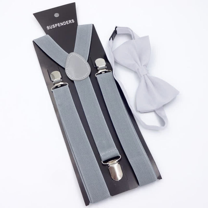 2Pcs Solid Color Bow Tie 3-Clips Adjustable Suspenders Set - Gray - image 7