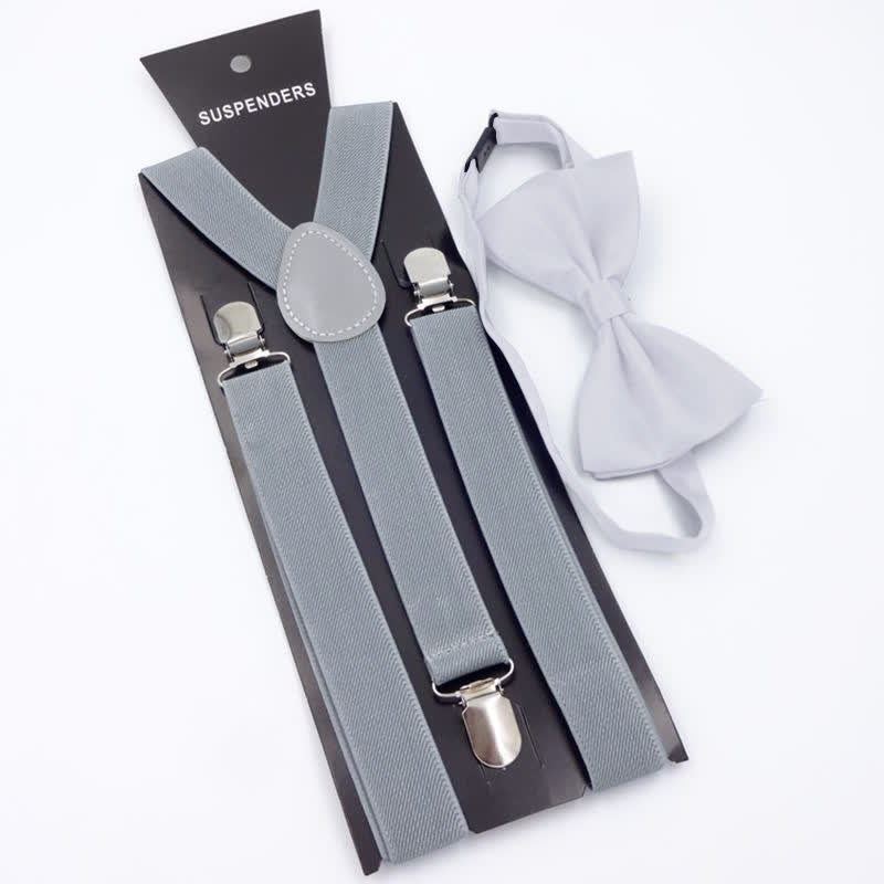 2Pcs Solid Color Bow Tie 3-Clips Adjustable Suspenders Set - Gray - image 7
