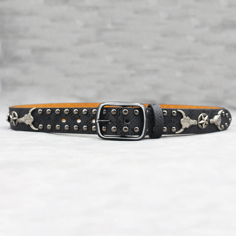 Silver Bull Head Rivet Black Snakeskin Print Leather Belt - image 5