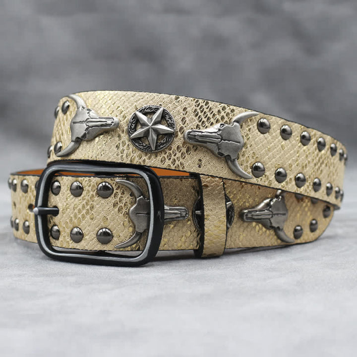 Silver Bull Head Rivet Black Snakeskin Print Leather Belt - Gold - 44 - image 8