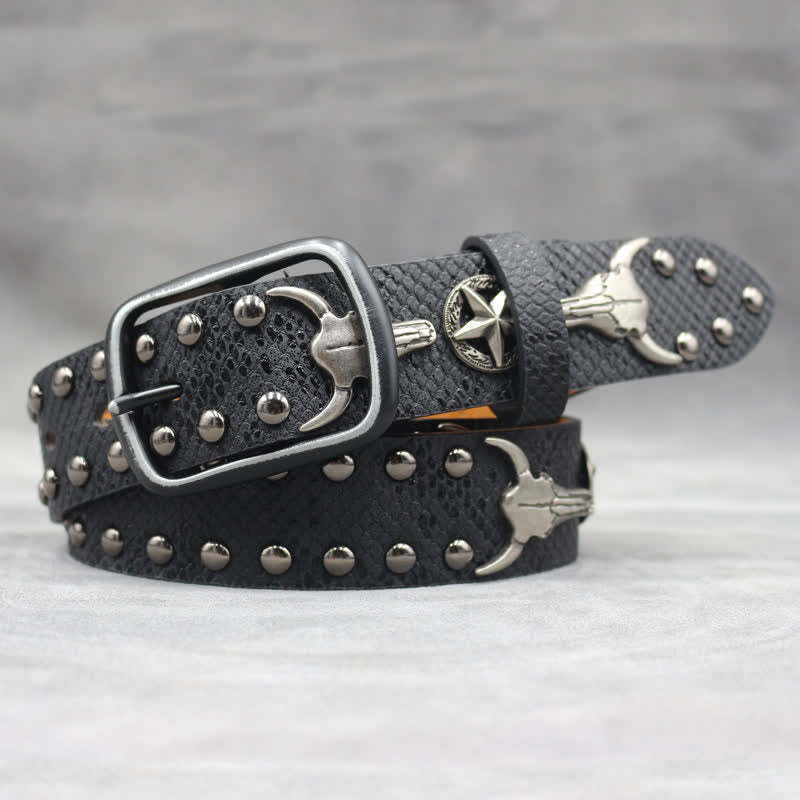 Silver Bull Head Rivet Black Snakeskin Print Leather Belt - image 3