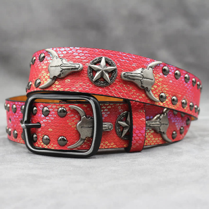 Silver Bull Head Rivet Black Snakeskin Print Leather Belt - Red - 44 - image 10