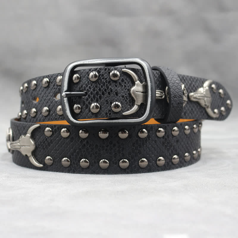 Silver Bull Head Rivet Black Snakeskin Print Leather Belt - image 4