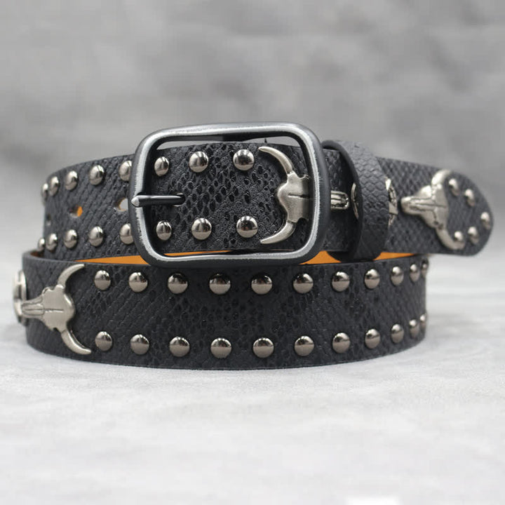 Silver Bull Head Rivet Black Snakeskin Print Leather Belt - image 4