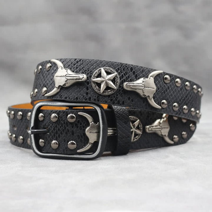 Silver Bull Head Rivet Black Snakeskin Print Leather Belt - Black - 44 - image 0