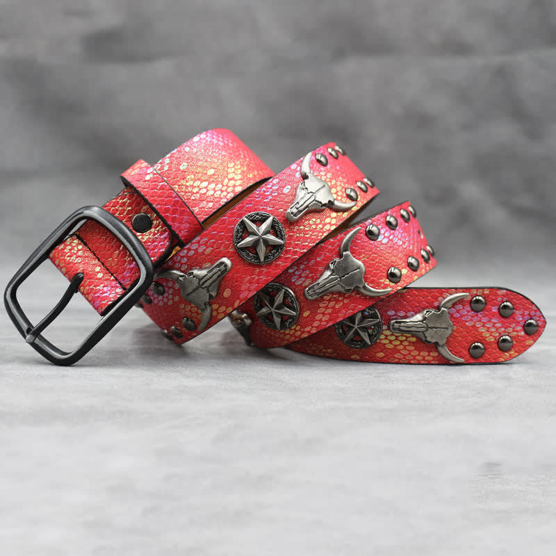 Silver Bull Head Rivet Black Snakeskin Print Leather Belt - image 11