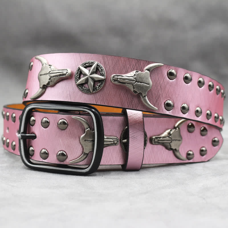 Silver Bull Head Rivet Black Snakeskin Print Leather Belt - Pink - 44 - image 16