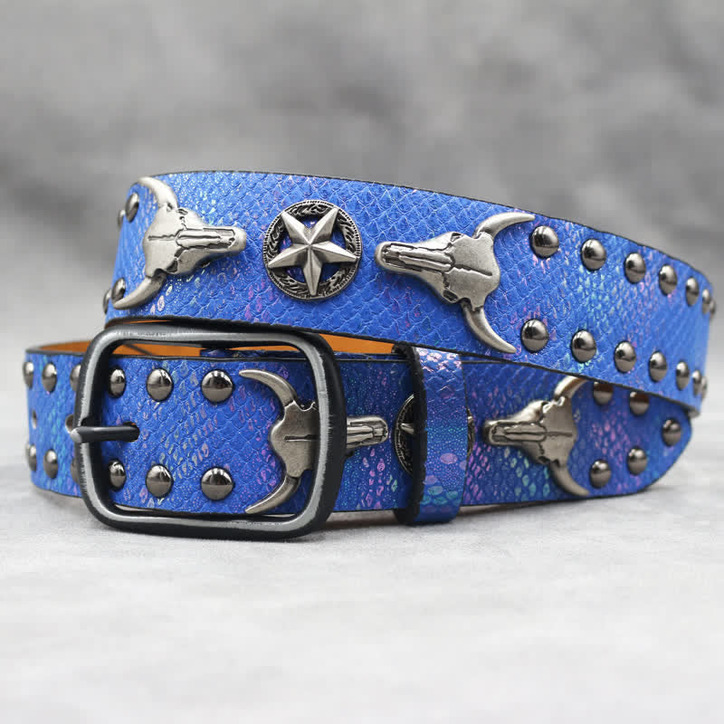 Silver Bull Head Rivet Black Snakeskin Print Leather Belt - Blue - 44 - image 14