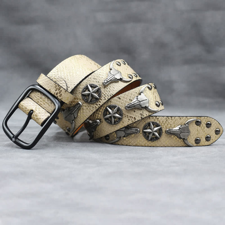 Silver Bull Head Rivet Black Snakeskin Print Leather Belt - image 9
