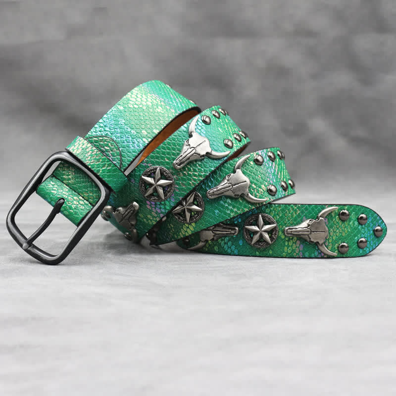 Silver Bull Head Rivet Black Snakeskin Print Leather Belt - image 13