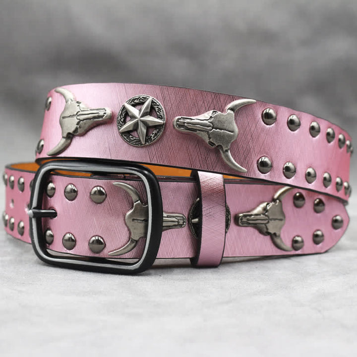 Silver Bull Head Rivet Black Snakeskin Print Leather Belt - Pink - 44 - image 16