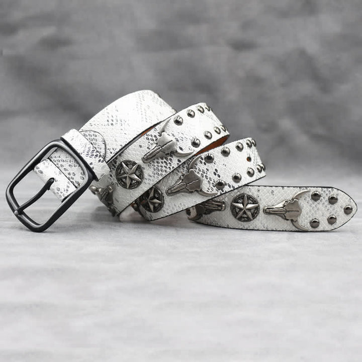 Silver Bull Head Rivet Black Snakeskin Print Leather Belt