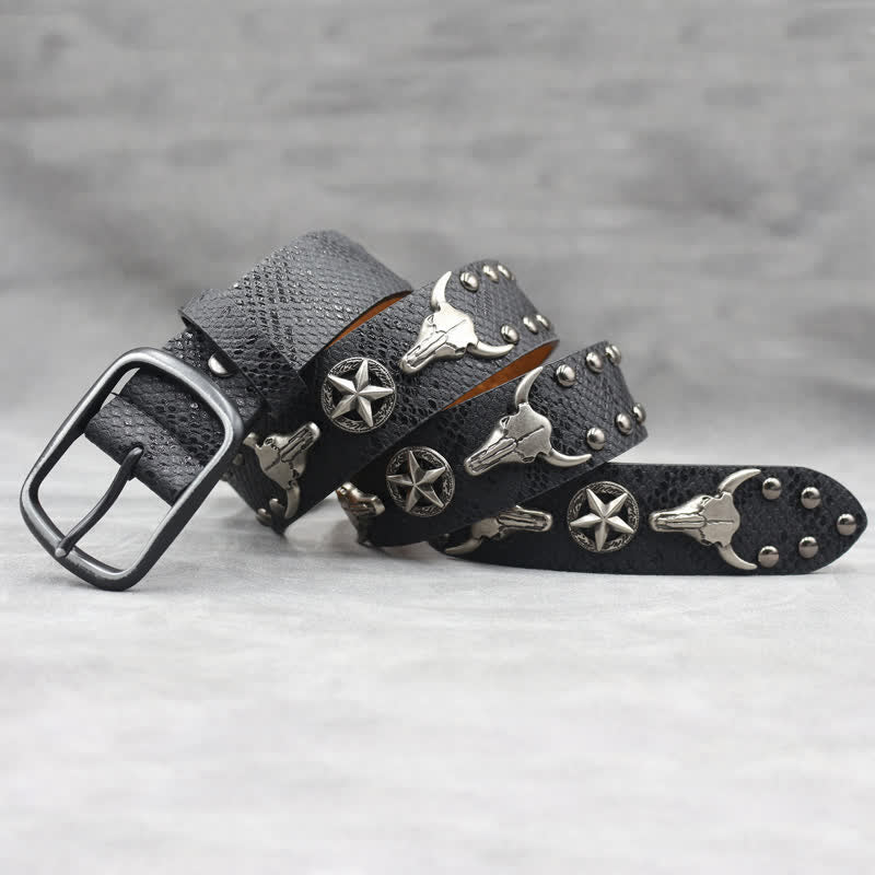 Silver Bull Head Rivet Black Snakeskin Print Leather Belt - image 1