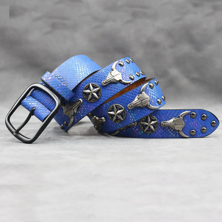Silver Bull Head Rivet Black Snakeskin Print Leather Belt - image 15