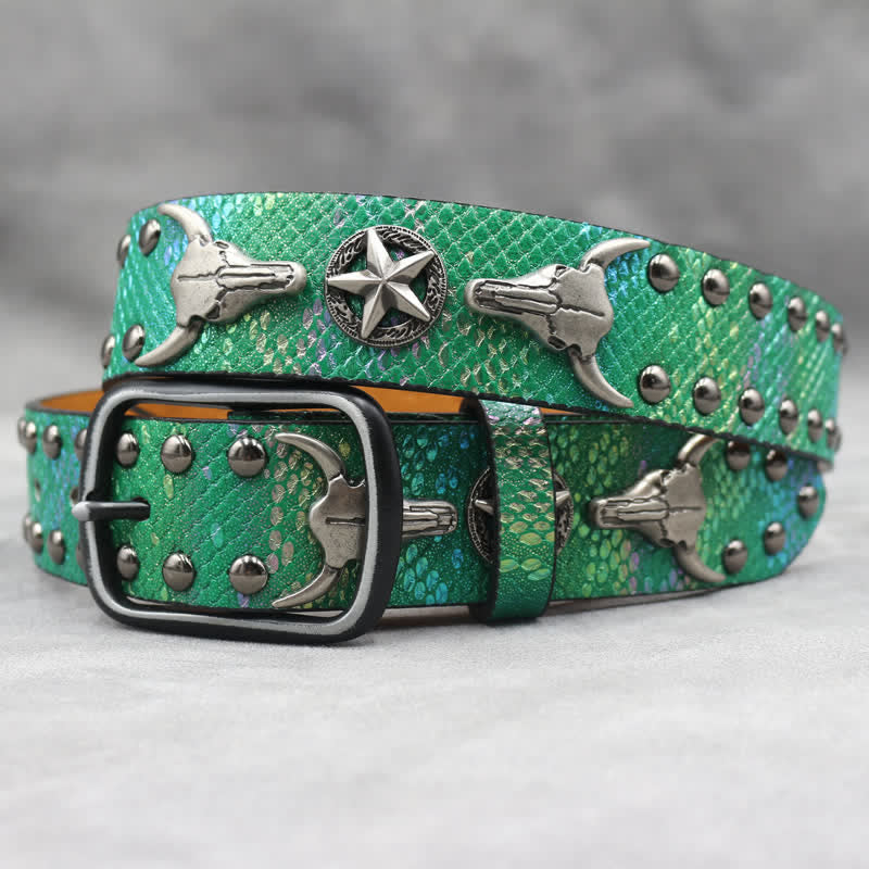 Silver Bull Head Rivet Black Snakeskin Print Leather Belt - Green - 44 - image 12