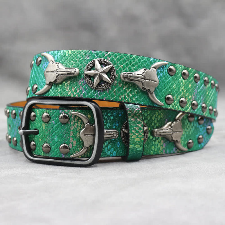 Silver Bull Head Rivet Black Snakeskin Print Leather Belt - Green - 44 - image 12