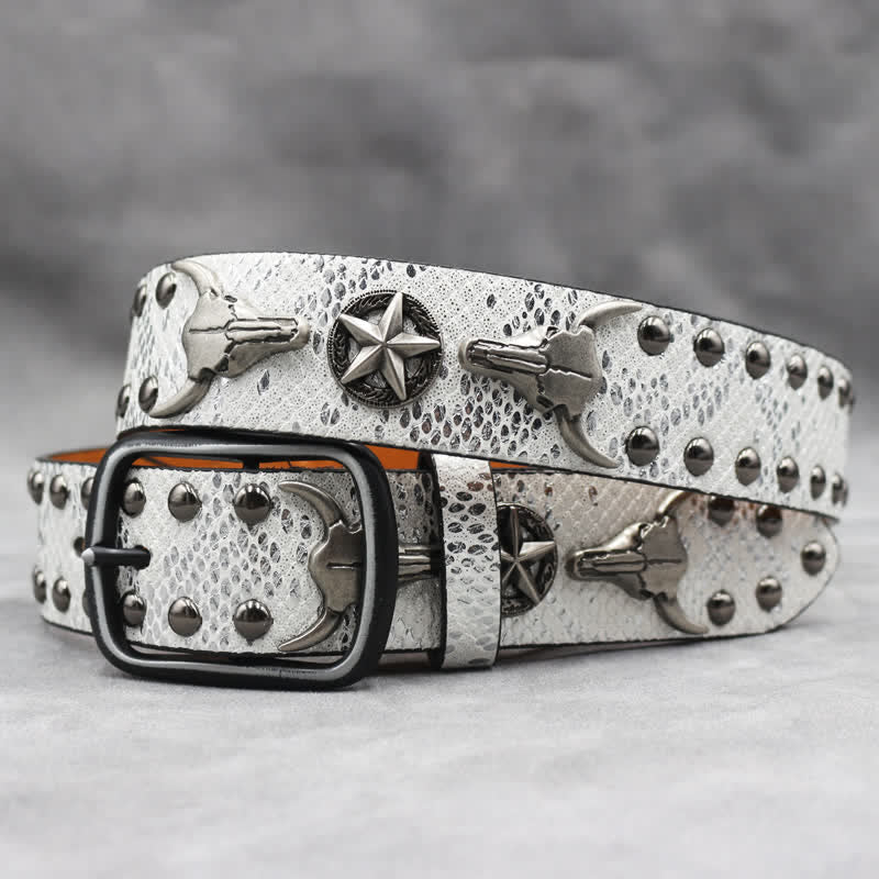 Silver Bull Head Rivet Black Snakeskin Print Leather Belt - White - 44 - image 6