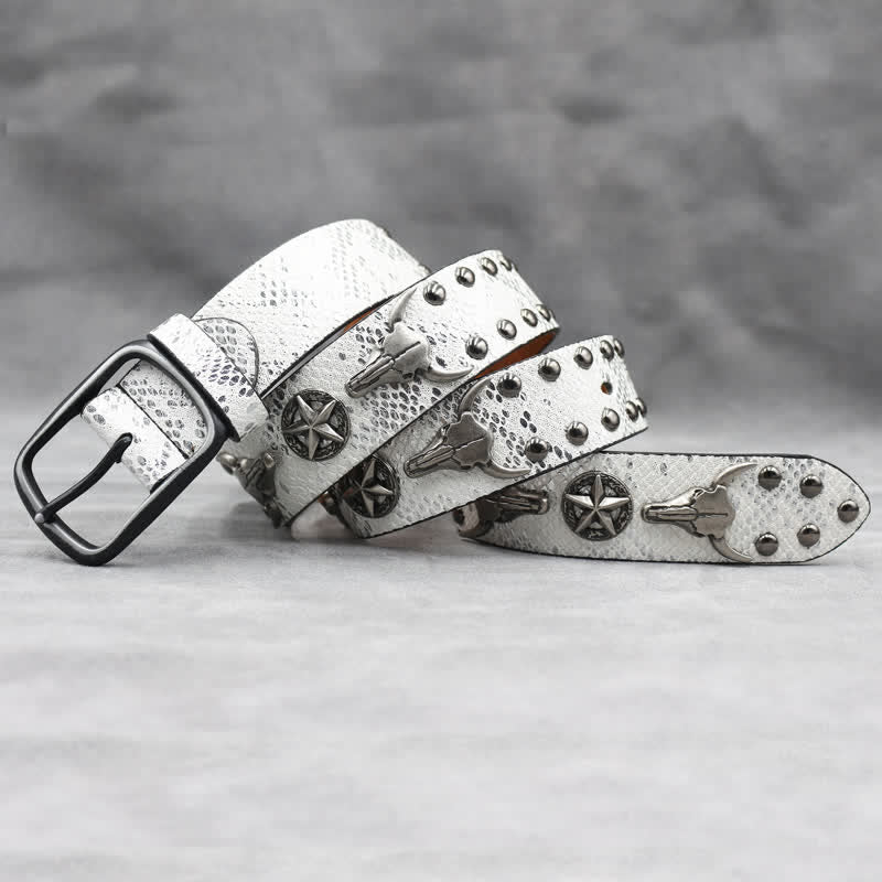 Silver Bull Head Rivet Black Snakeskin Print Leather Belt - image 7