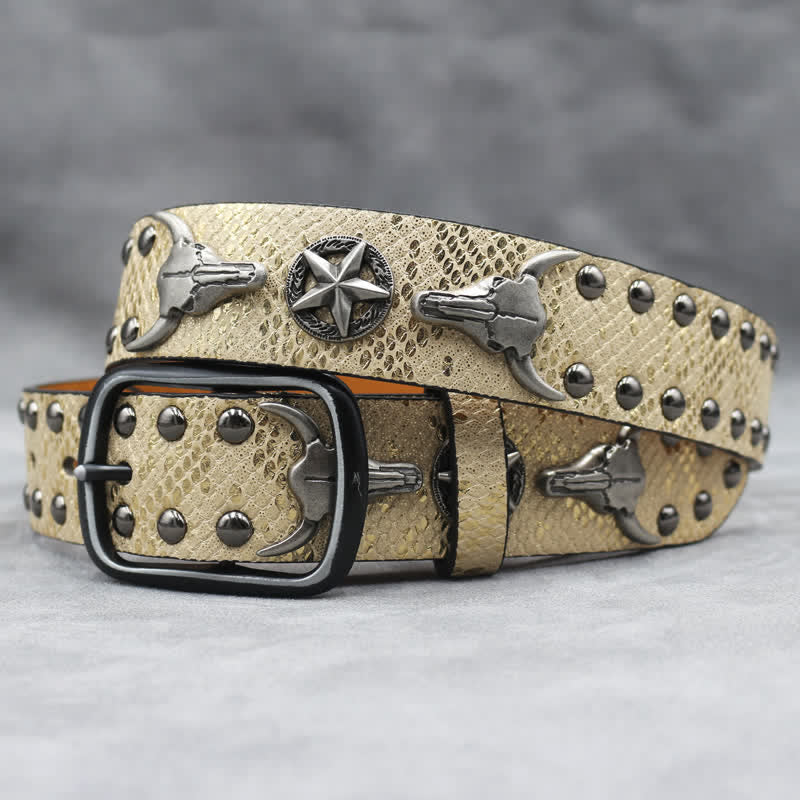 Silver Bull Head Rivet Black Snakeskin Print Leather Belt - Gold - 44 - image 8
