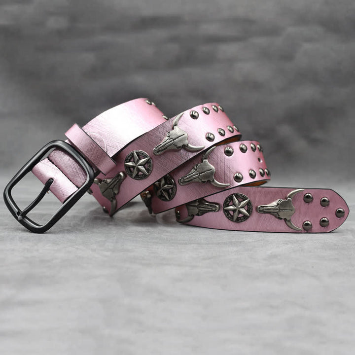 Silver Bull Head Rivet Black Snakeskin Print Leather Belt - image 17