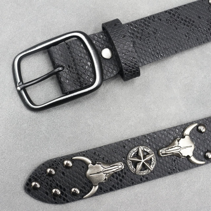 Silver Bull Head Rivet Black Snakeskin Print Leather Belt - image 2