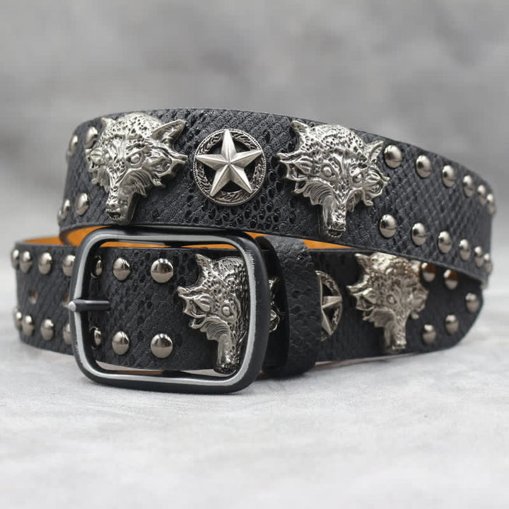 Antique Silver Wolf Head Rivet Black Snakeskin Print Leather Belt