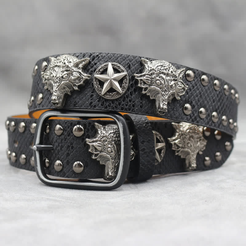 Antique Silver Wolf Head Rivet Black Snakeskin Print Leather Belt - Black - 44 - image 0