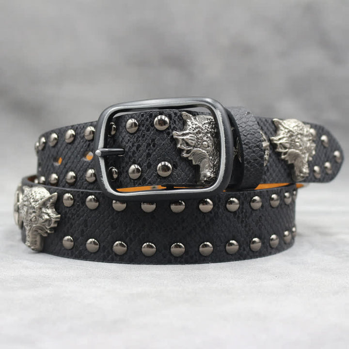 Antique Silver Wolf Head Rivet Black Snakeskin Print Leather Belt