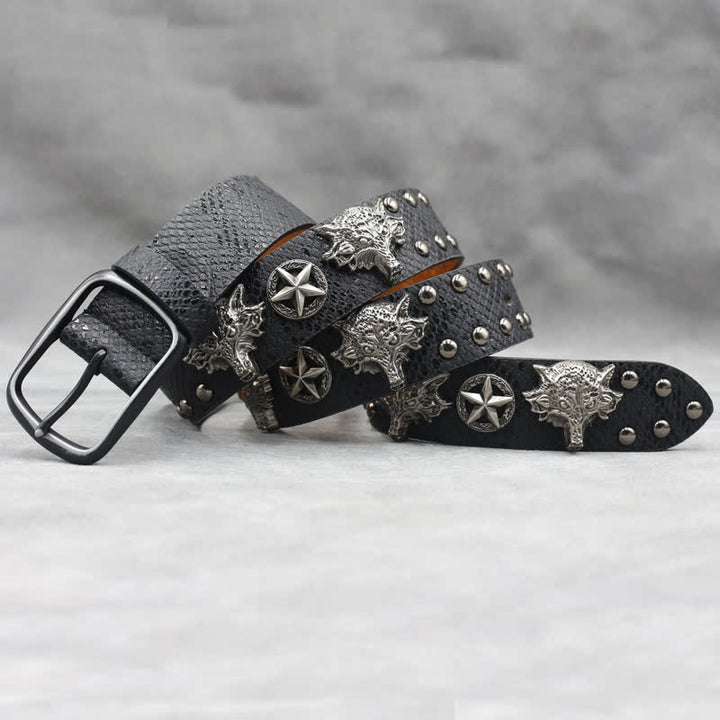 Antique Silver Wolf Head Rivet Black Snakeskin Print Leather Belt