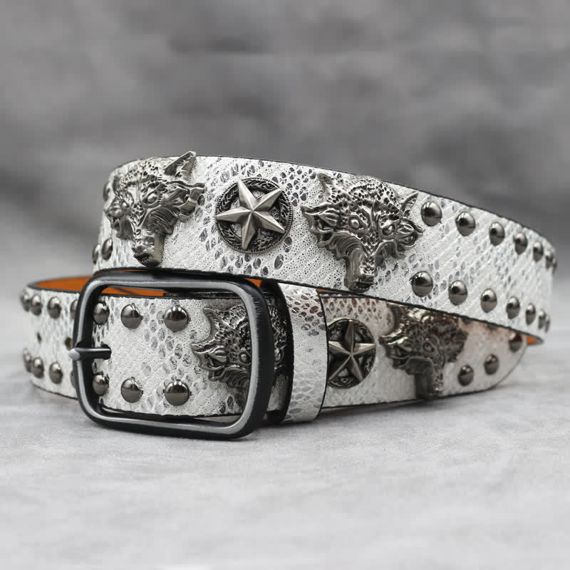 Antique Silver Wolf Head Rivet Black Snakeskin Print Leather Belt - White - 44 - image 5