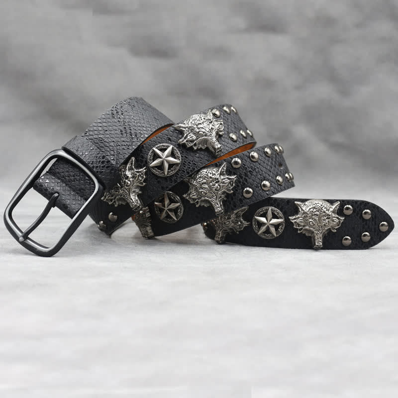 Antique Silver Wolf Head Rivet Black Snakeskin Print Leather Belt - image 1