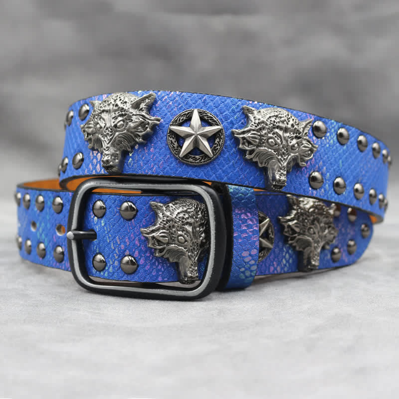 Antique Silver Wolf Head Rivet Black Snakeskin Print Leather Belt - Blue - 44 - image 12