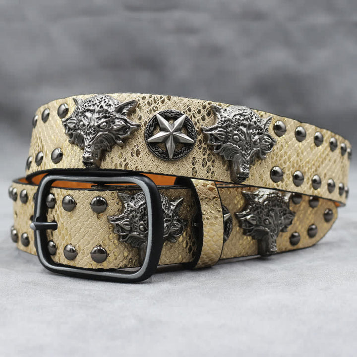 Antique Silver Wolf Head Rivet Black Snakeskin Print Leather Belt - Gold - 44 - image 7
