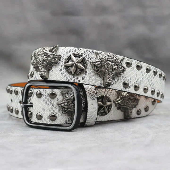 Antique Silver Wolf Head Rivet Black Snakeskin Print Leather Belt