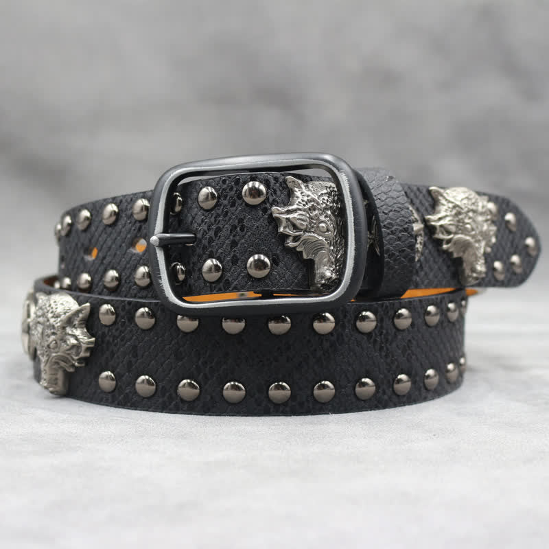 Antique Silver Wolf Head Rivet Black Snakeskin Print Leather Belt - image 3