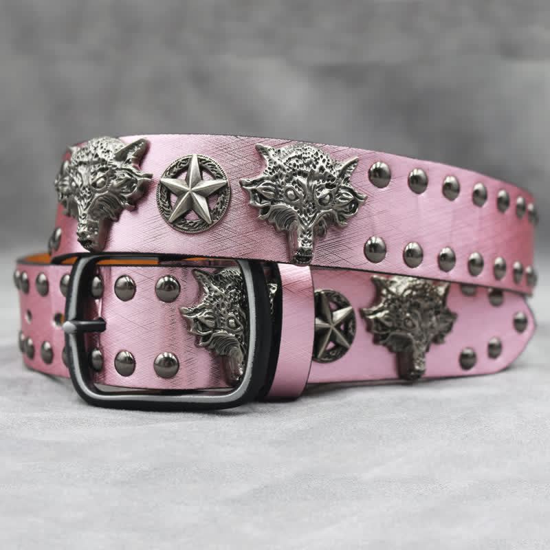 Antique Silver Wolf Head Rivet Black Snakeskin Print Leather Belt - Pink - 44 - image 14