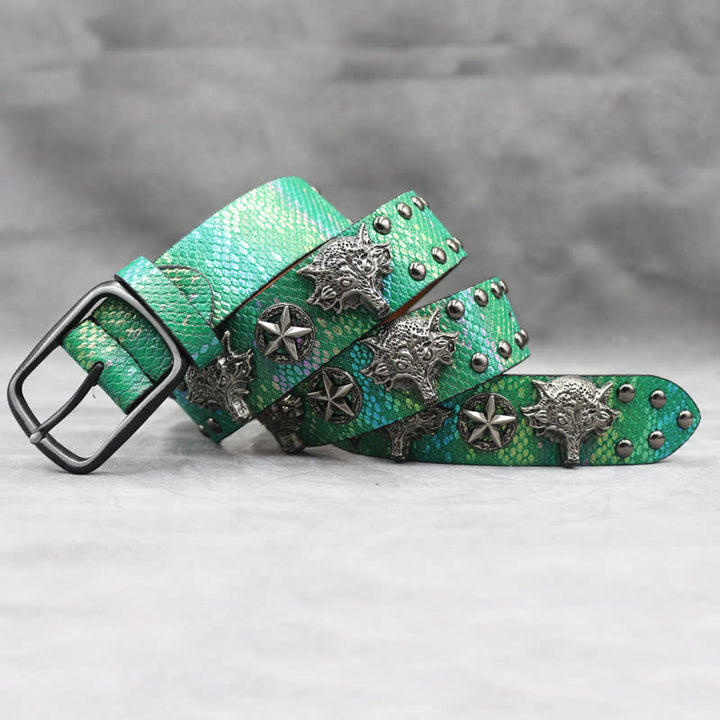 Antique Silver Wolf Head Rivet Black Snakeskin Print Leather Belt - image 11